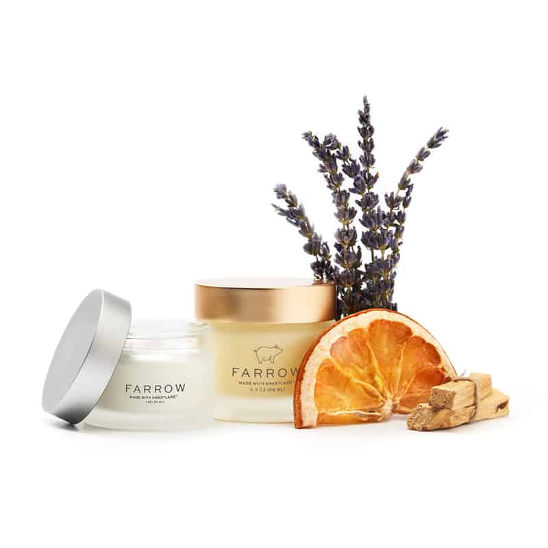 Farrow skincare duo jars with scent cues of lavender, grapefruit and sandalwood